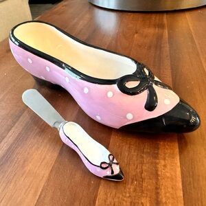 Boston Warehouse Pink Ceramic Shoe Butter or Cheese Dish with Spreader